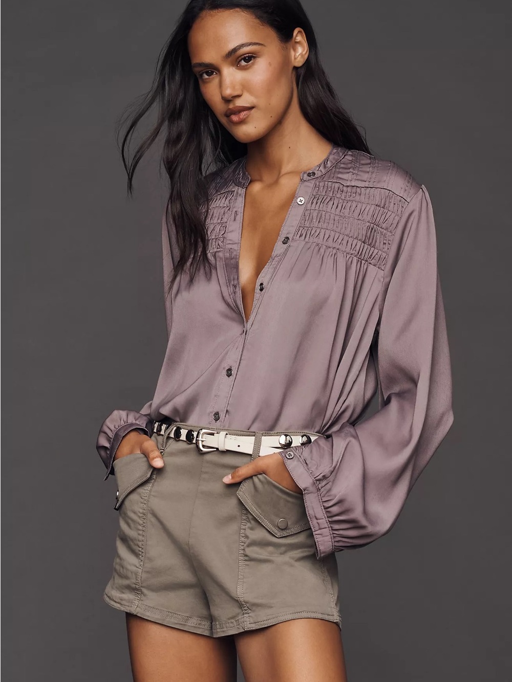 Anthropologie Pilcro Silky Smocked Buttondown • Large • Fall Western Boho